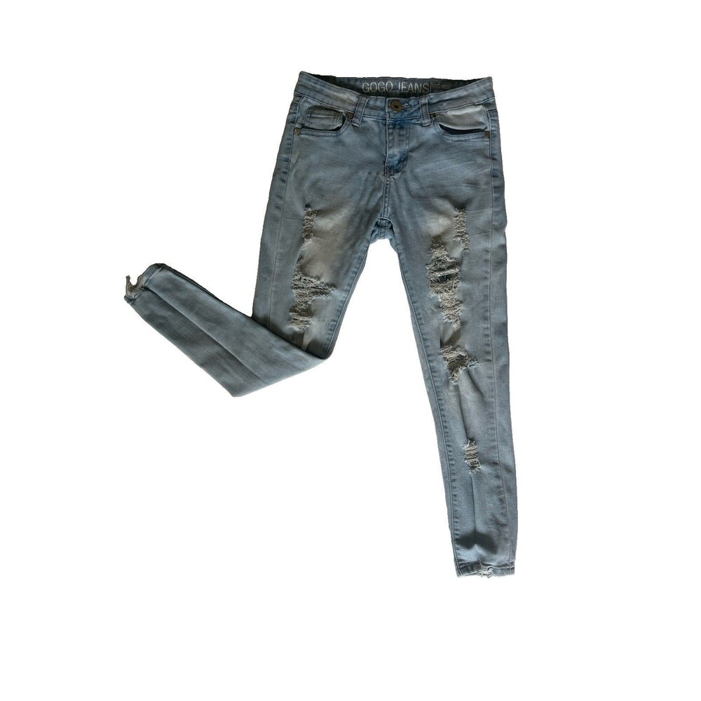 GOGO Juniors High Rise Distressed Skinny Jeans Holes Sz 3/26 Blue Stretch Denim